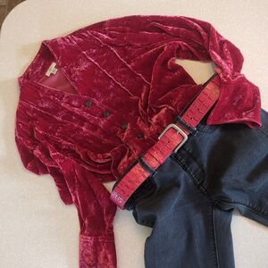 J Jill Dark Red Crushed Velvet Button Up Top - Petite Medium